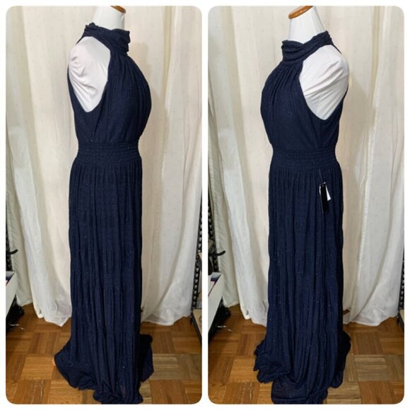 Betsy Adam Sammi Long Glitter Mesh Mock Neck Formal Dress Sz 2 in Navy - Picture 3 of 11